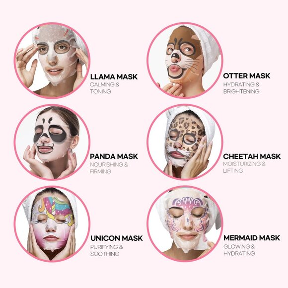 Animal Character Sheet Masks 6 Pack, Moisturizing & Hydrating Face Mask with Hya - Picture 2 of 9